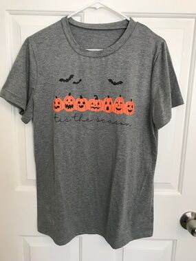 Halloween Tis The Season Pumpkins Bats T-Shirt Uni-Sex Size L Grey Orange